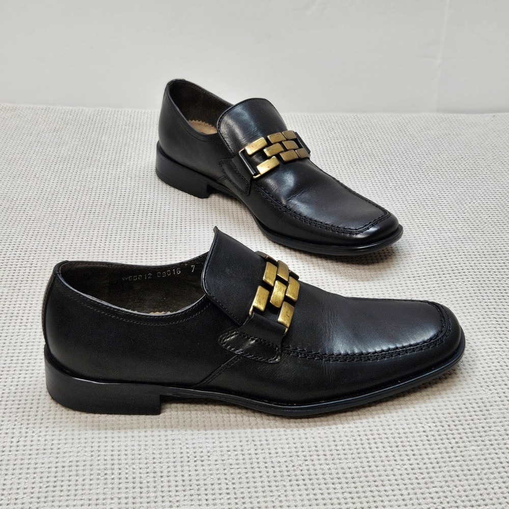 Kenneth Cole Reaction Mens Black Leather Square Toe Loafers Brass Hardware Sz 7